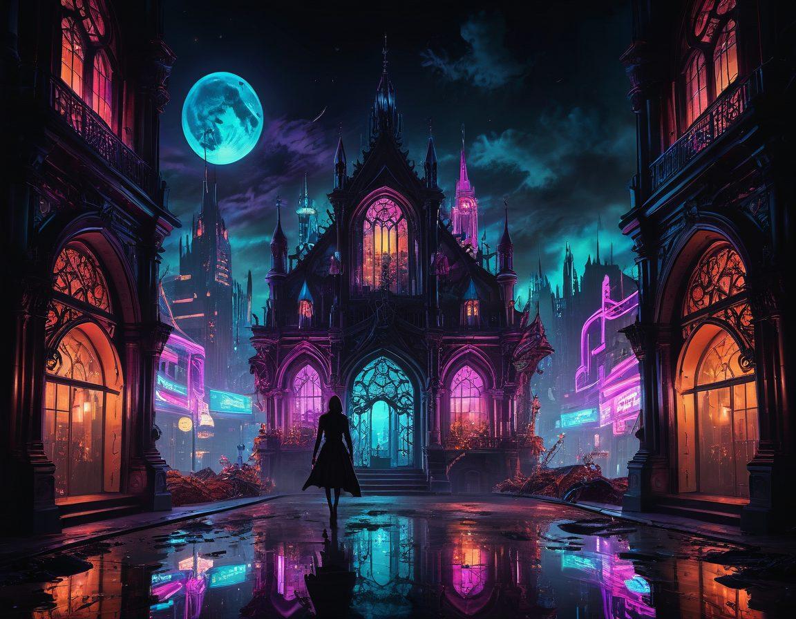 A surreal landscape blending elements of fantasy and eroticism, featuring mythical creatures intertwined with abstract forms of desire. Bright neon colors illuminate the scene, with a whimsical yet slightly dark atmosphere. Enhance the allure with gothic architecture in the background, and vivid, dreamlike characters exploring their sensual fantasies. Integrate a sense of motion as if the characters are dancing through the air, creating a captivating vibe. cyberpunk style. vibrant colors. surrealism.